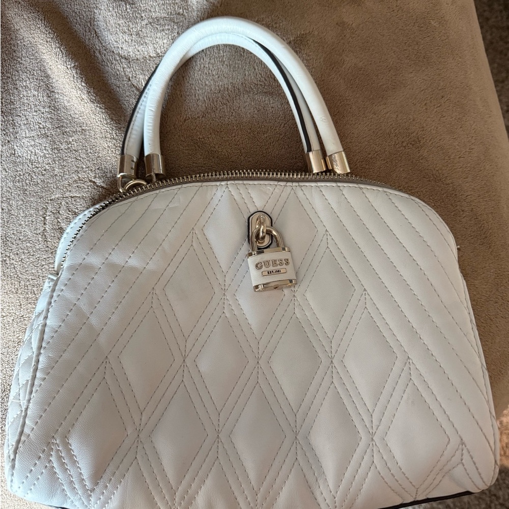Guess White Quilted Satchel with Gold Hardware